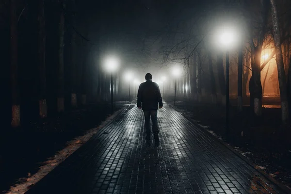 Triste hombre solo caminando por el callejón en el parque de niebla nocturna. Vista trasera — Foto de Stock