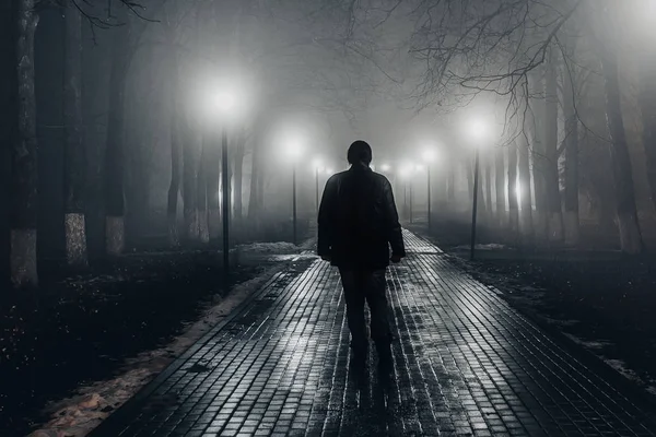 Sad man alone walking along the alley in night foggy park. Back view — Stock Photo, Image