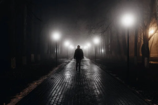 Triste homem sozinho andando ao longo do beco no parque nebuloso da noite. Visão traseira — Fotografia de Stock