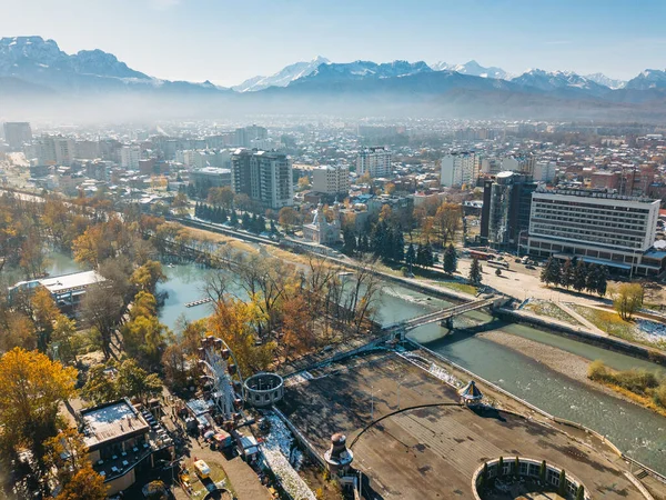 Vladikavkaz, capital of North Ossetia. Pan Vladikavkaz, capital of North Ossetia. Panorama of historical downtown from drone flight Royalty Free Stock Images