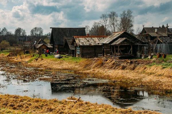 Vieux village russe dans le marais. Maisons en bois — Photo