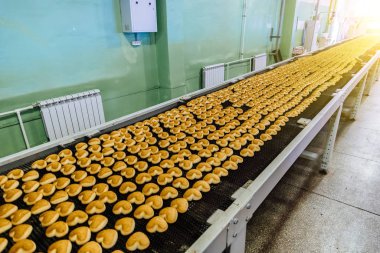 Pişirme üretim hattı. Konveyör üzerinde sır kaplama sonra kalpler şeklinde çerezler