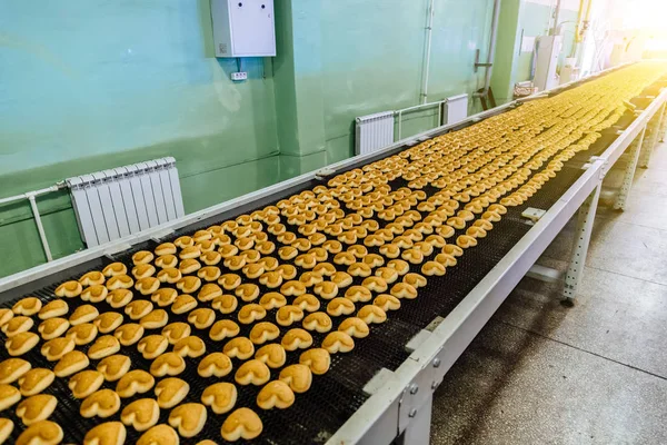 Baking production line. Cookies in form of hearts after glaze coating on conveyor