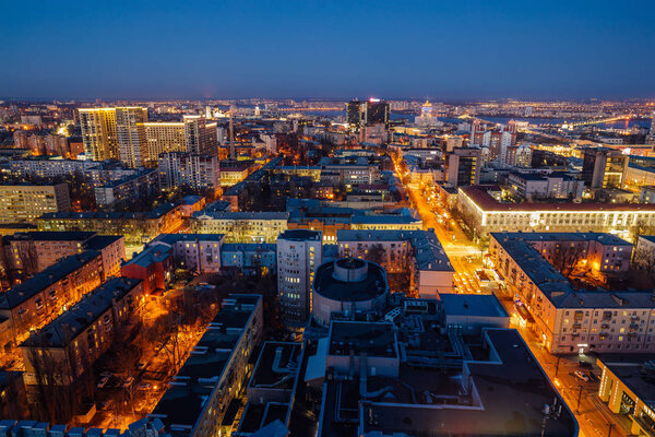 Night Voronezh downtown skyline, aerial view from rooftop.