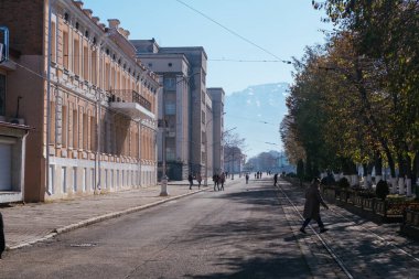 Central district of Vladikavkaz. Beautiful architecture of historical buildings, Vladikavkaz, Russia - November 4, 2019.
