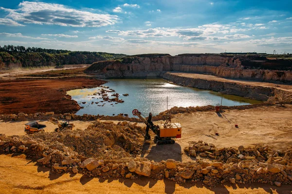 Excavarors Working Limestone Mining Flooded Quarry — Stock Photo, Image