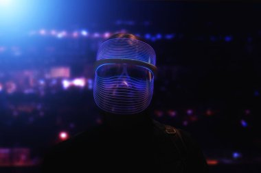 Siber punk tarzında fütürist maskeli adamın portresi..