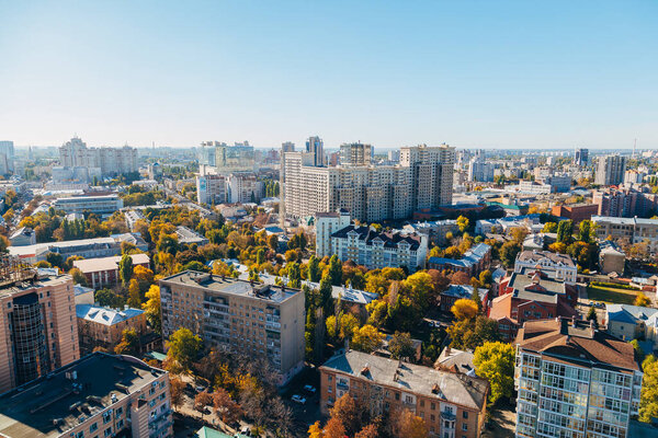 Sunny golden autumn Voronezh. Aerial view from skyscraper roof heigh.