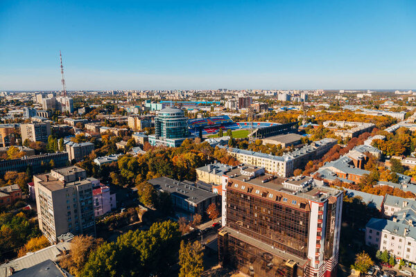 Sunny golden autumn Voronezh. Aerial view from skyscraper roof heigh.