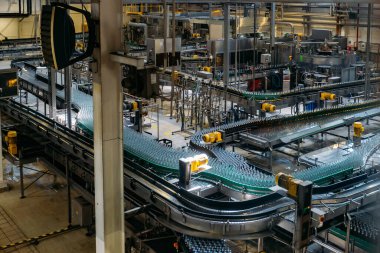 Modern otomatik bira şişeleme üretim hattı. Konveyör üzerinde hareket eden bira şişeleri.