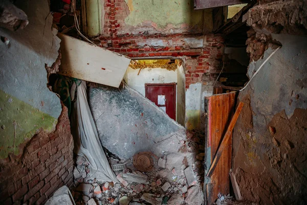 Interior Ruined Collapsed Abandoned House — Stock Photo, Image