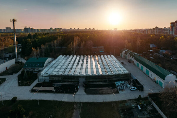 Aerial drone view of modern glass greenhouse.