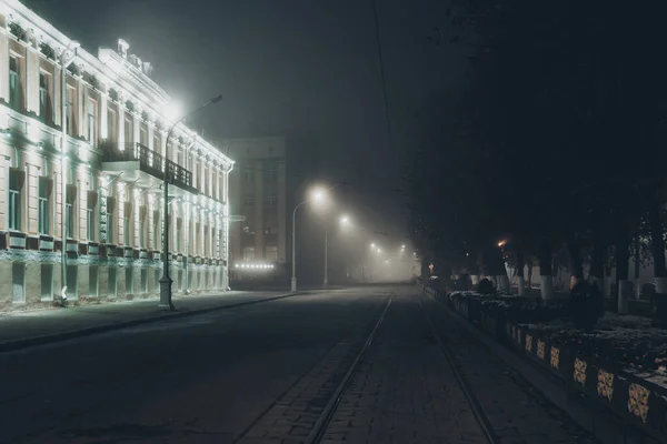 Foggy Street Night City Vladikavkaz Oroszország — Stock Fotó