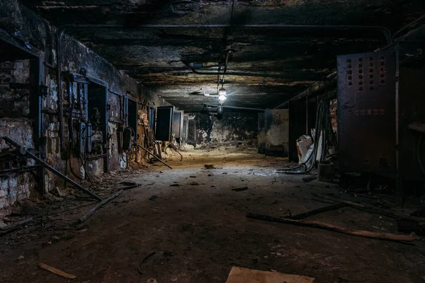 Burnt Interior Industrial Building Basement Walls Black Soot Fire — Stock Photo, Image