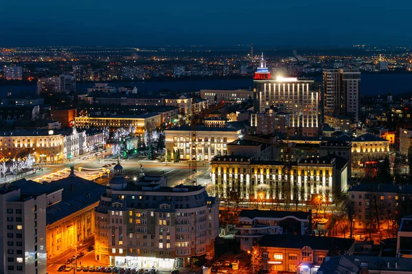 Natt Voronezh Centrum Skyline Antenn Utsikt Från Taket — Stockfoto