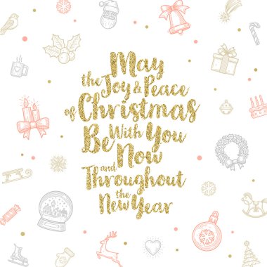 Christmas greeting card with calligraphic glitter gold type design and Christmas sign and symbols. clipart