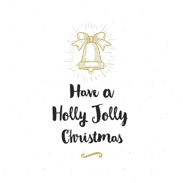 Christmas gratulationskort - kalligrafi hälsning och glitter guld hand bell. — Stock vektor