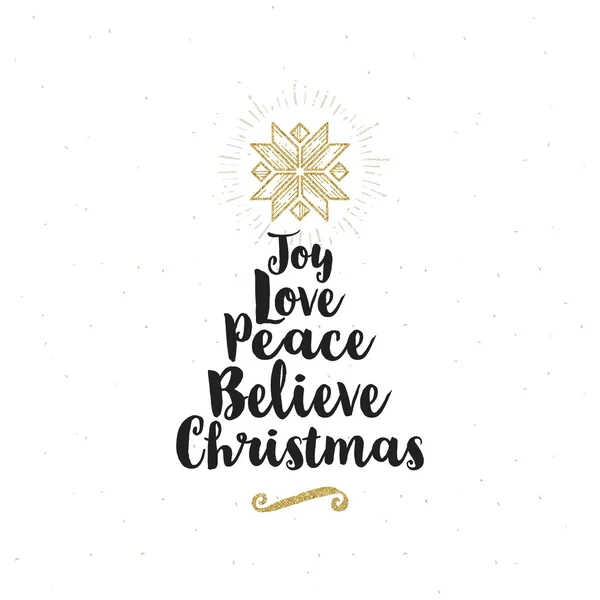 Weihnachtsgrußkarte - kalligrafischer Gruß mit glitzerndem Goldschmuck. stilisierter Weihnachtsbaum mit Stern. — Stockvektor