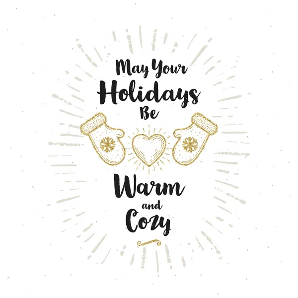 Natal cartão de saudação - Caligrafia saudação e lustro de ouro mitenes com coração brilhante —  Vetores de Stock