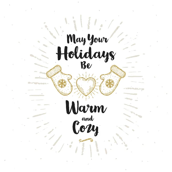 Tarjeta de felicitación de Navidad - Caligrafía saludo y brillo manoplas de oro con corazón brillante — Vector de stock