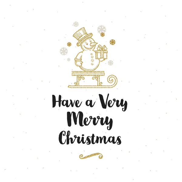 Tarjeta de felicitación de Navidad - Caligrafía saludo y brillo trineo de oro con muñeco de nieve . — Archivo Imágenes Vectoriales