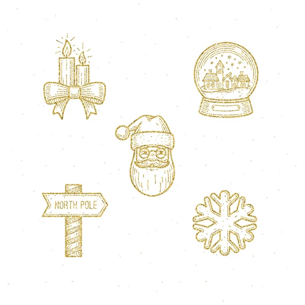 Διάνυσμα σύνολο εικονιδίων με τα Χριστούγεννα glitter χρυσό σημάδι και σύμβολο — Διανυσματικό Αρχείο
