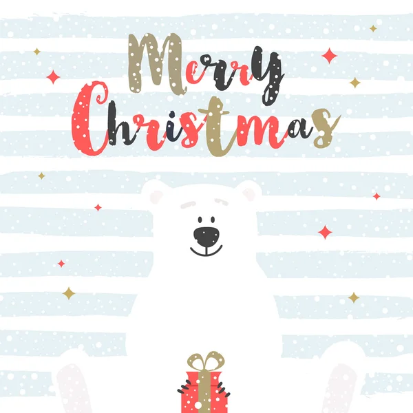 Cute cartoon polar bear with holiday gift. Christmas greeting card. Vector illustration. — Stock Vector