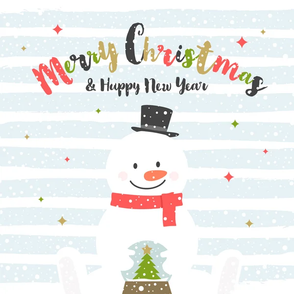 Κινουμένων σχεδίων χαριτωμένο χιονάνθρωπος με γυάλινη σφαίρα με χιόνι. Χριστούγεννα ευχετήριας κάρτας. Εικονογράφηση διάνυσμα. — Διανυσματικό Αρχείο