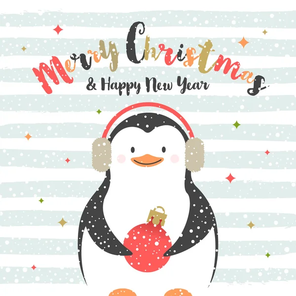Lindo pingüino de dibujos animados con bolas. Tarjeta de felicitación navideña. Ilustración vectorial . — Archivo Imágenes Vectoriales