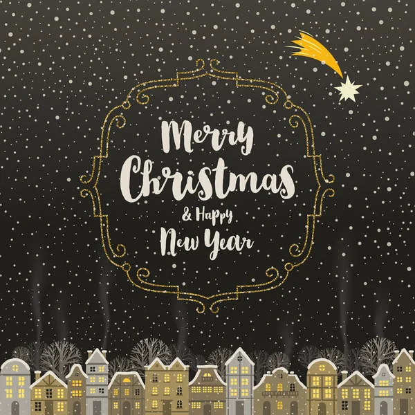 Tarjeta de felicitación de Navidad - Diseño tipo caligrafía con marco de oro brillante y ciudad invernal nevada — Vector de stock