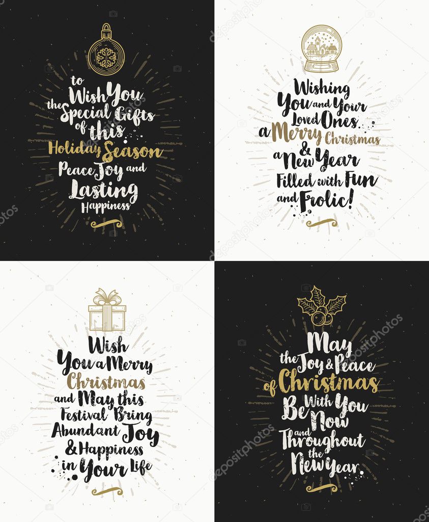 Set of Christmas greeting cards with calligraphic type design and Christmas symbols.