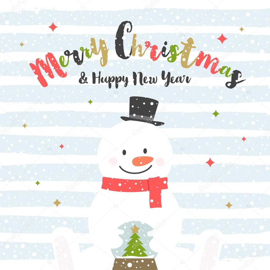 Cute cartoon snowman with snow globe. Christmas greeting card. Vector illustration.