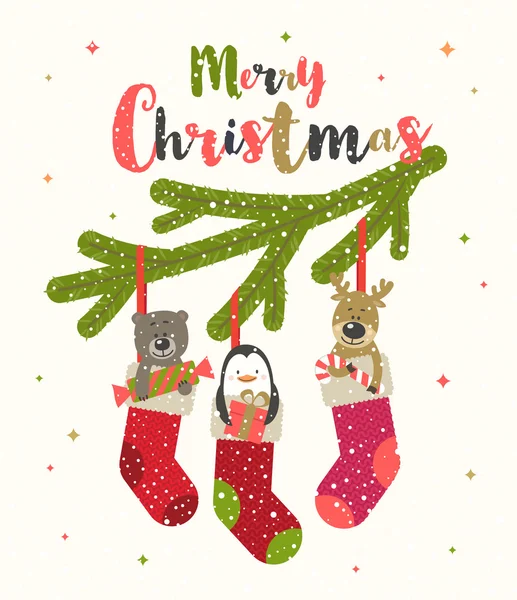 Weihnachtsgruß Vektor Illustration niedliche kleine Tiere mit Geschenken in einem Weihnachtsstrumpf platziert. — Stockvektor
