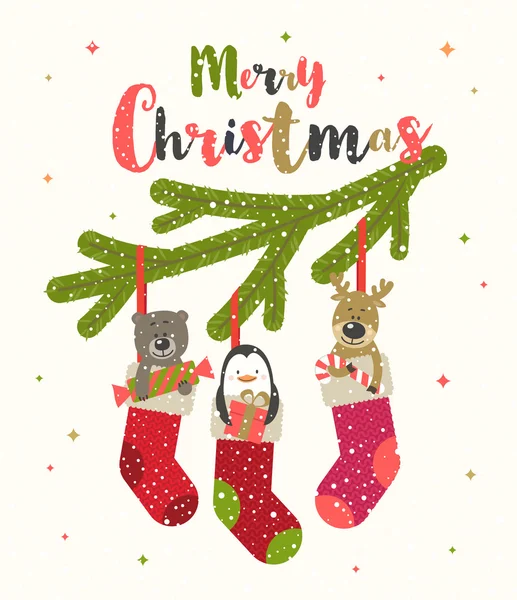 Christmas greeting vector illustration Cute little animals with gifts placed inside a Christmas stocking. — Stock Illustration Christmas greeting vector illustration Cute little animals with gifts placed inside a Christmas stocking. Royalty Free Stock Vectors