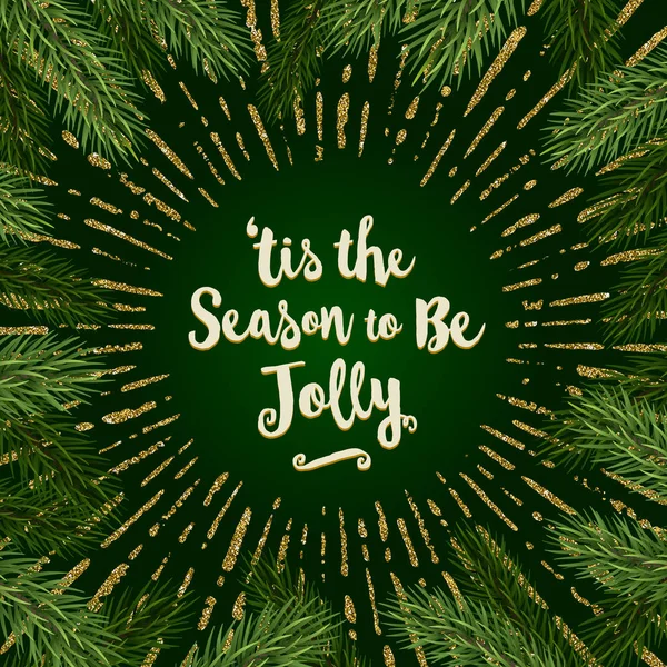 Salutations de Noël - Conception de type calligraphie pinceau, branches d'arbre de Noël et éclat de soleil or pailleté — Image vectorielle