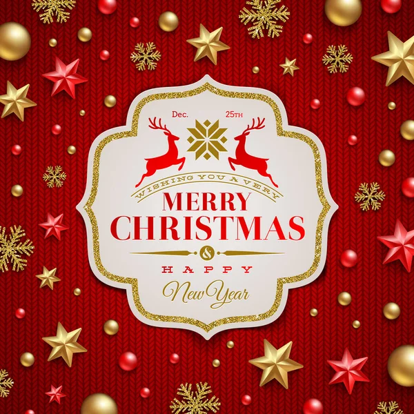 Χριστούγεννα χαιρετισμό - πλαίσιο με το σχεδιασμό τύπου και Χριστουγεννιάτικη διακόσμηση σε πλέξιμο κόκκινο φόντο — Διανυσματικό Αρχείο