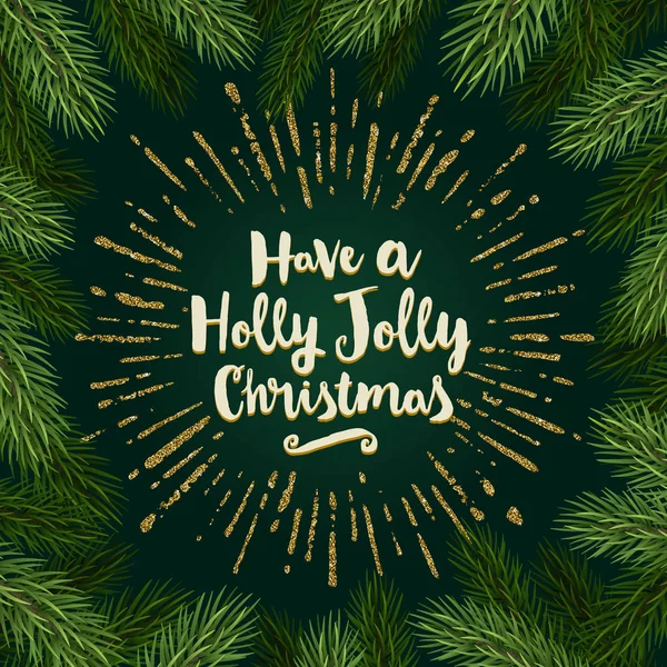 Christmas greeting - borstel kalligrafie typeontwerp, kerstboom takken en glitter goud sunburst — Stockvector