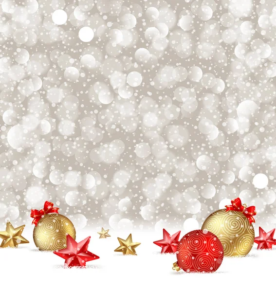 Ilustración de felicitación navideña vectorial con adornos y estrellas sobre una nieve . — Archivo Imágenes Vectoriales