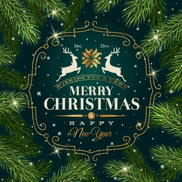 Christmas greeting card - Type design with glitter gold frame on a Christmas tree branches background — Stock Illustration Christmas greeting card - Type design with glitter gold frame on a Christmas tree branches background Vector Graphics