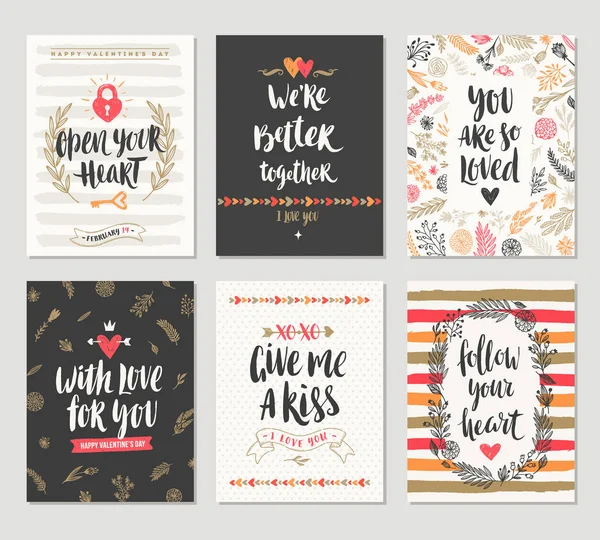 Vector set Valentijnsdag hand getrokken posters of wenskaart met handgeschreven kalligrafie offertes, zin en illustraties. — Stockvector