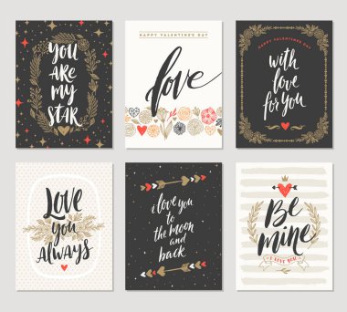 Sevgililer günü elle çizilmiş posterler veya tebrik kartı ile el yazısı hat tırnak, ifade ve resimler vektör kümesi.