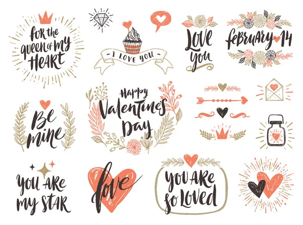 Set vettoriale di calligrafia e illustrazione disegnato a mano di San Valentino — Vettoriale Stock