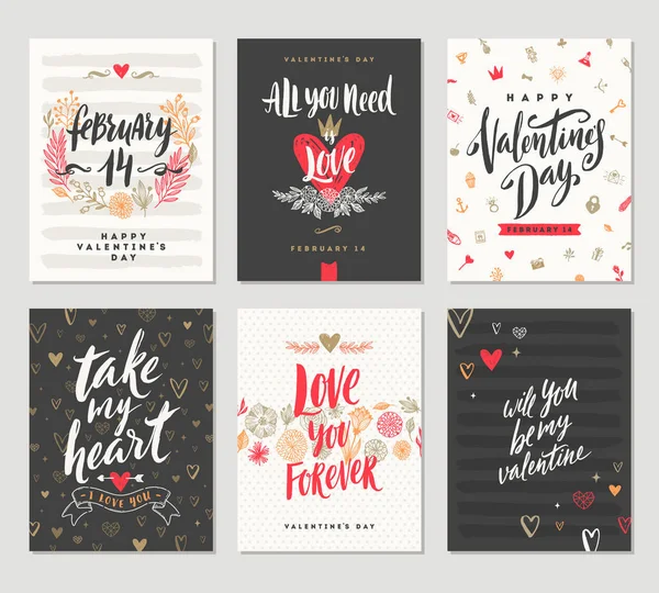 Vektor-Set handgezeichneter Plakate oder Grußkarten zum Valentinstag mit handschriftlichen Kalligraphie-Zitaten, Phrasen und Illustrationen. — Stockvektor