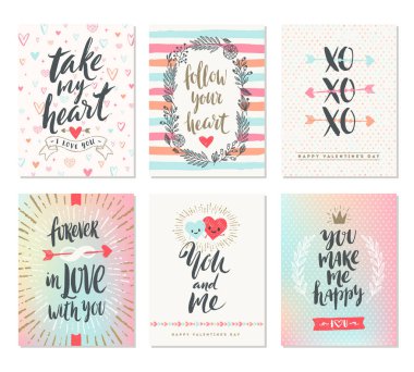 Sevgililer günü elle çizilmiş posterler veya tebrik kartı ile el yazısı hat tırnak, ifade ve resimler vektör kümesi.