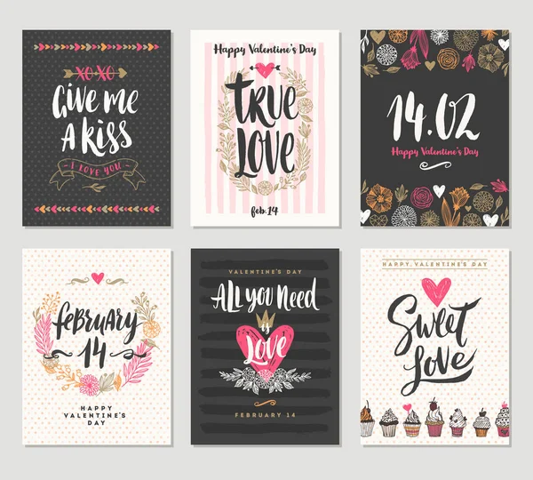 Vector set Valentijnsdag hand getrokken posters of wenskaart met handgeschreven kalligrafie offertes, zin en illustraties. — Stockvector