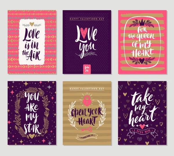 Sevgililer günü elle çizilmiş posterler veya tebrik kartı ile el yazısı hat tırnak, ifade ve resimler vektör kümesi.