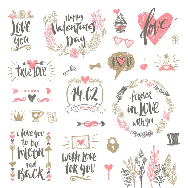 Aftelkalender voor Valentijnsdag hand getrokken kalligrafie en illustratie vector set — Stockvector