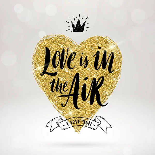 Calligrafia disegnata a mano di San Valentino, elementi scarabocchi e cuore in oro glitter. Illustrazione vettoriale . — Vettoriale Stock