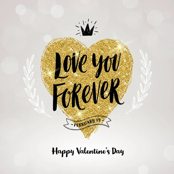 Día de San Valentín caligrafía dibujada a mano, doodle elementos y brillo corazón de oro. Ilustración vectorial . — Vector de stock