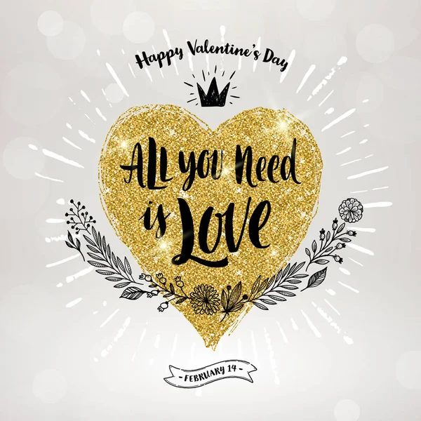 Valentin-nap kézzel rajzolt kalligráfia, doodle elemek és csillogó arany szív. Vektoros illusztráció. — Stock Vector